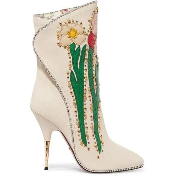 Gucci Shoes - GUCCI Ivory Leather Floral ‘Fosca’ 2017 Pink Bottom Runway Booties Size 37